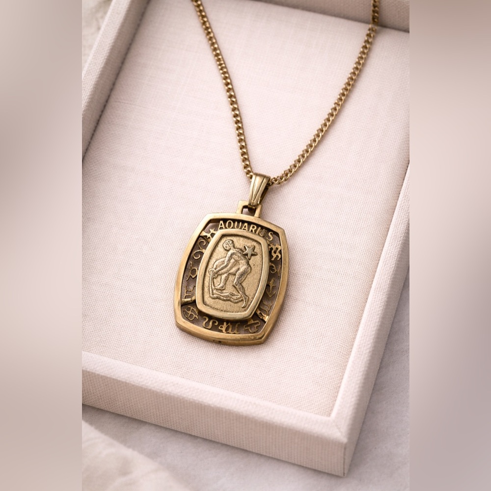 Vintage Art Nouveau Revival Gold Tone Aquarius Zodiac Rectangle Pendant Necklace